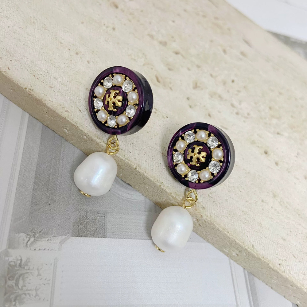 Tory Burch Oversized Round Disc Pearl Letter Stud Earrings